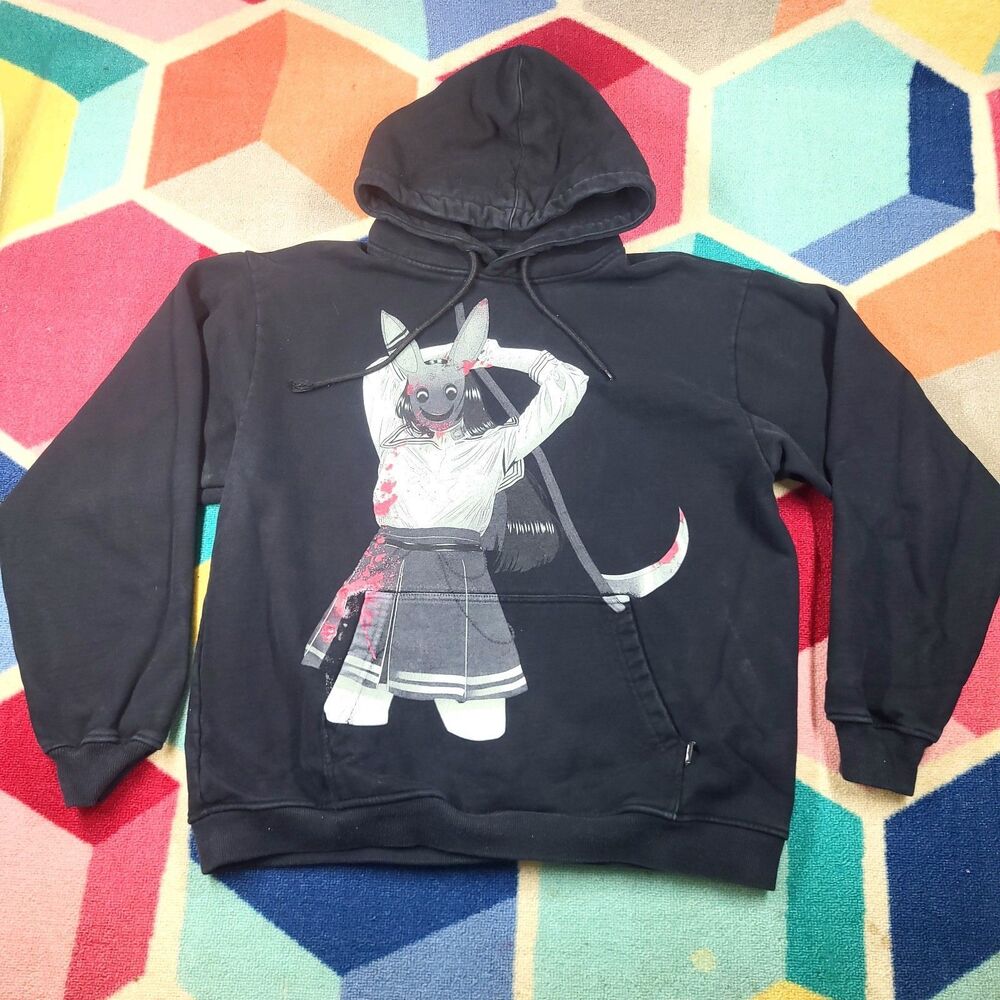 Praying Rabbit‎ Hoodie Men's Size Large Black Graphic Anime Streetwear Pullover